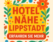 Buntes Schild mit der Aufschrift „Hotel Nähe Lippstadt – Erfahren Sie mehr“, verziert mit Blumen und dekorativen Elementen